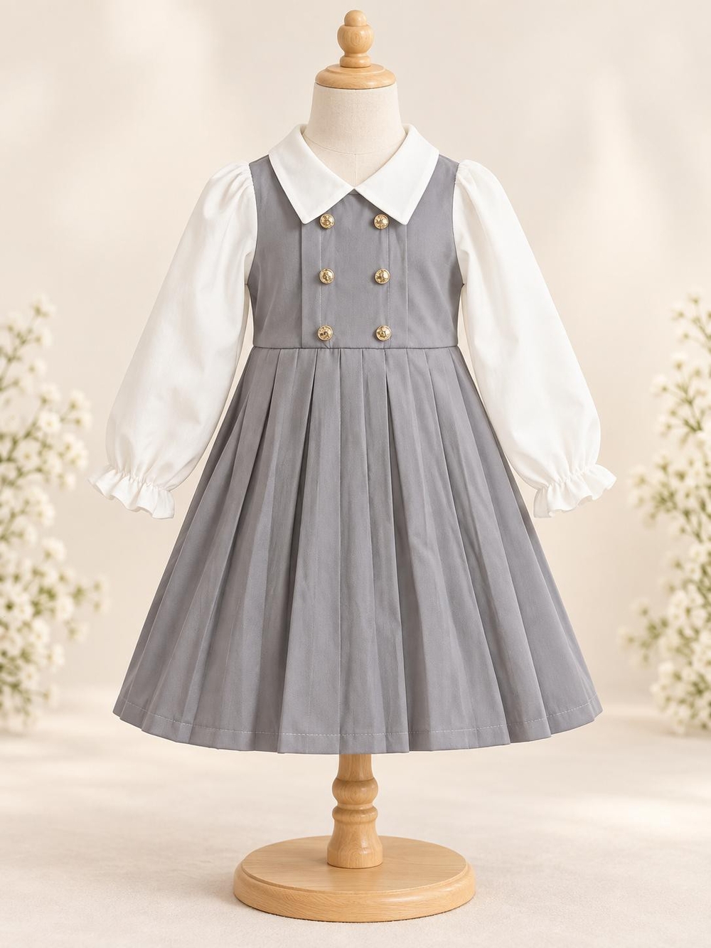 Classic Gray & White Pleated Kids Dress with Decorative Buttons